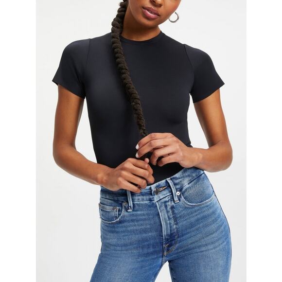 GOOD AMERICAN Scuba Crewneck Bodysuit 1 Small Black  Short Sleeve NWT - Picture 1 of 11